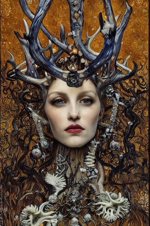 Image similar to The Crown of Bones by Karol Bak, Jean Deville, Gustav Klimt, and Vincent Van Gogh, mystic eye, otherworldly, crown made of bones, antlers, horns, ornate jeweled crown, skull, fractal structures, arcane, inferno, inscribed runes, infernal relics, ornate gilded medieval icon, third eye, spirals, rich deep moody colors