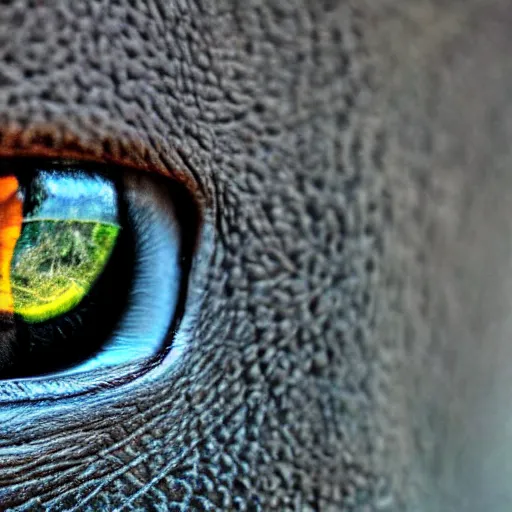 Image similar to ultra detailed photo, close up of elephant eye reflecting the camera