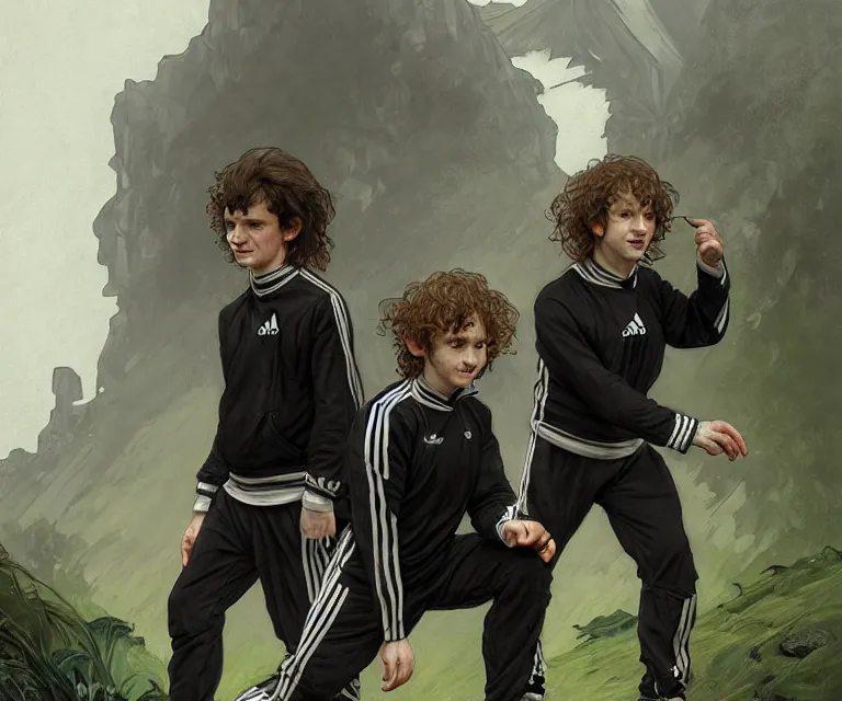 Image similar to portrait three hobbits as squatting slavs in black adidas track suits with white stripes down the leg, caricature, highly detailed, digital painting, artstation, concept art, sharp focus, cinematic lighting, illustration, art by met mangindaan, artgerm and greg rutkowski, alphonse mucha, cgsociety