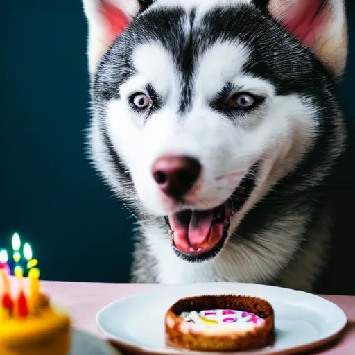 Image similar to a high - quality photo of a cute husky with a birthday cake, 4 5 mm, f 3. 5, sharpened, iso 2 0 0, raw, food photography