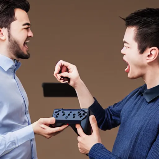 Image similar to man pointing at nintendo switch, man screaming