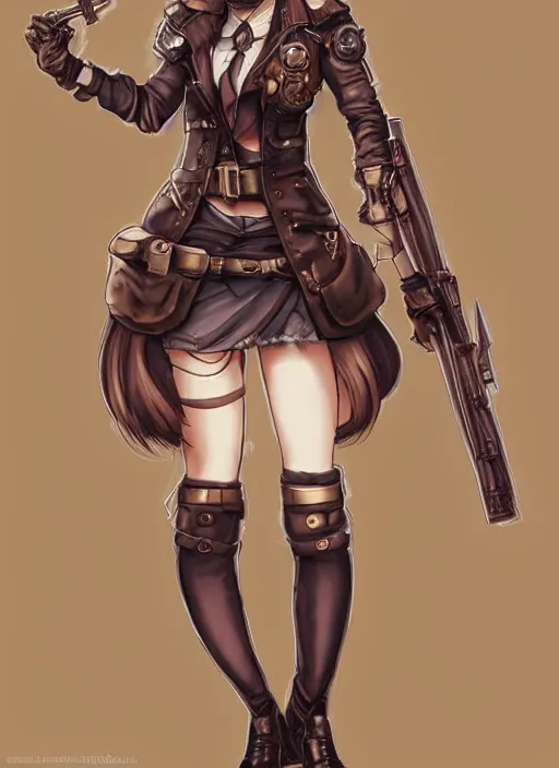 Prompt: girl with steampunk weapons and uniform, serious, intense, finely detailed, made by artgerm, ross tran, full body portrait, illustration, snow, snowing, cloudy, anime, side view, perfect anime face, realistic face, zoomed out, smooth, brown eyes, high waisted shorts, sharp focus