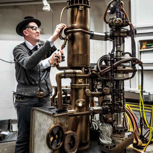 Image similar to A random pointless contraption ((steampunk)) industrial appliance pneumatic machine with no apparent purpose, being operated by a scholarly looking man with a clear directed gaze, XF IQ4, f/1.4, ISO 200, 1/160s, 8K, RAW, unedited, symmetrical balance, in-frame