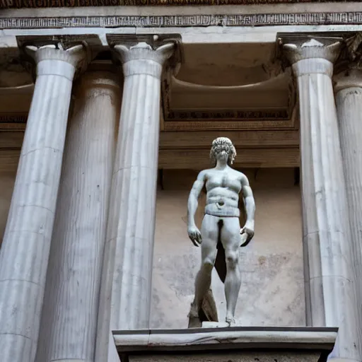 Prompt: a man in the form of a greek sculpture, holding huge eye, pillar, greek architecture, made of marble