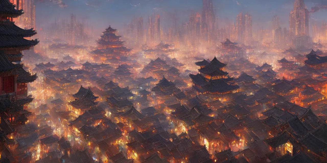 Image similar to a beautiful painting of a ancient big city of china, light effect, unreal engine, super wide angle, by greg rutkowski and yuumei and yanjun chen, trending on artstation