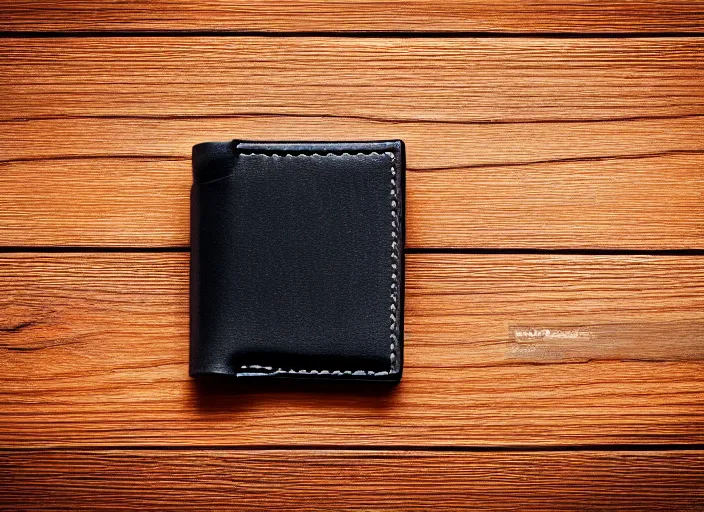 Prompt: clear highly detailed photorealistic topdown mockup product photograph of a realistic wallet on a wooden background