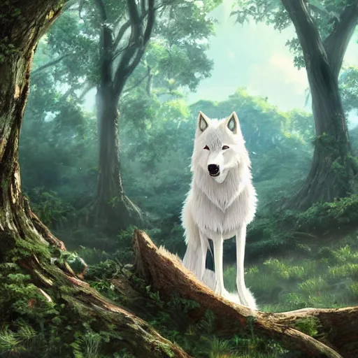 Prompt: highly detailed digital art of a magestic white wolf standing on an overgrown fallen tree trunk, lush surroundings, sunshine, kimi no na wa, trending on artstation, tranquil, landscape, super wide angle,