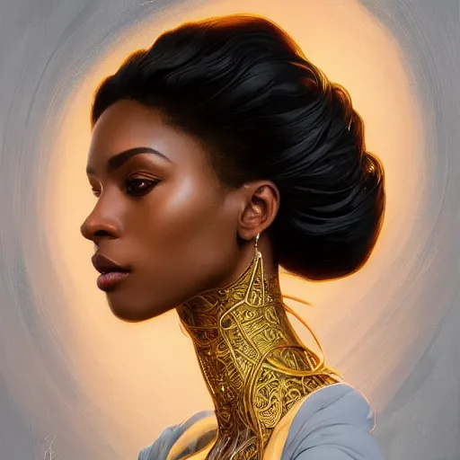 Image similar to a portrait of an attractive young Black female, beautiful long hear, clothed in golden feathers, intricate, elegant, highly detailed, digital painting, trending on artstation, concept art, smooth, sharp focus, illustration, art by artgerm and greg rutkowski and alphonse mucha