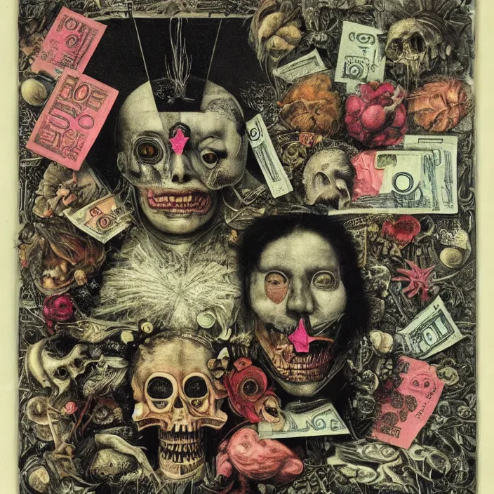 Image similar to post - punk new age album cover, asymmetrical design, dollar bank notes, capitalism, magic, apocalypse, psychedelic, black white pink, highly detailed, magic, giger h. r., giuseppe arcimboldo