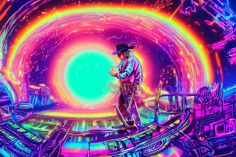 Image similar to an old western cowboy stumbles apon a portal to another dimension, psychedelic, flashwave, synthwave, dreamy, animecore, glowwave, glitch core, laborwave, hyperpop, raver, rainbowcore, lisa frank, trailwave, glowing, detailed image, digital art, 8k,