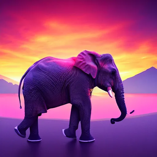 Prompt: a heroic elephant watching yesterday's sunset over the mountains in the style of synthwave, digital art, 4k