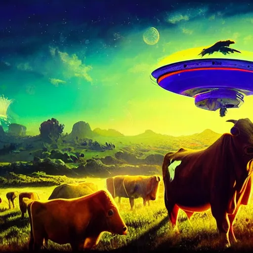 Image similar to ufo over the cow, Bright colors, fantastic landscape, hyperrealism, no blur, 4k resolution, ultra detailed, style of Anton Fadeev, Ivan Shishkin, John Berkey