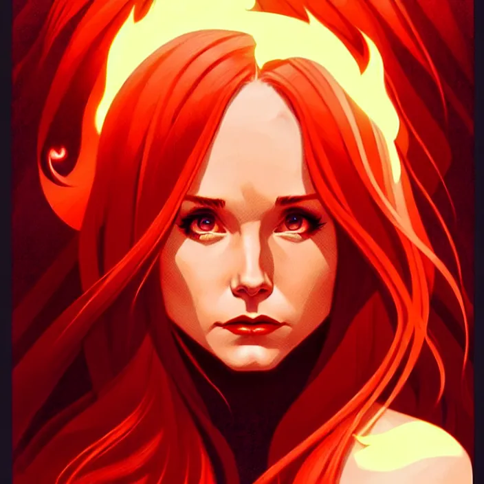 Image similar to style artgerm, joshua middleton, beautiful kristen bell with dark red dress, very long orange hair, symmetrical face, symmetrical eyes, fire powers fire swirling, detailed, volcano setting, cinematic lighting