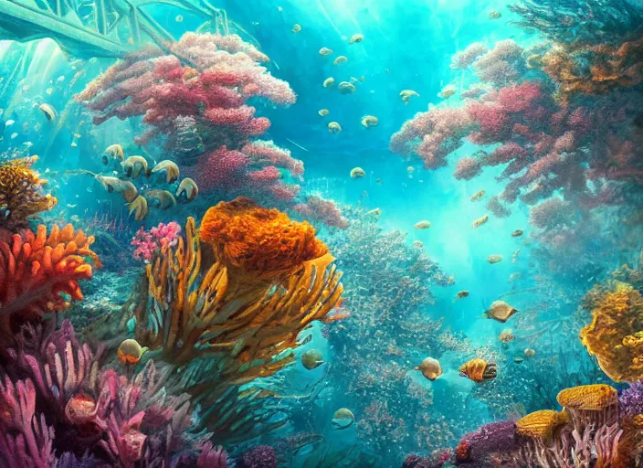 Image similar to epic cinematic artwork of a steam train underwater, coral reef, beautiful artwork by rutowski and brom,