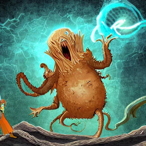 Image similar to wizard fighting a giant larva monster, digital art