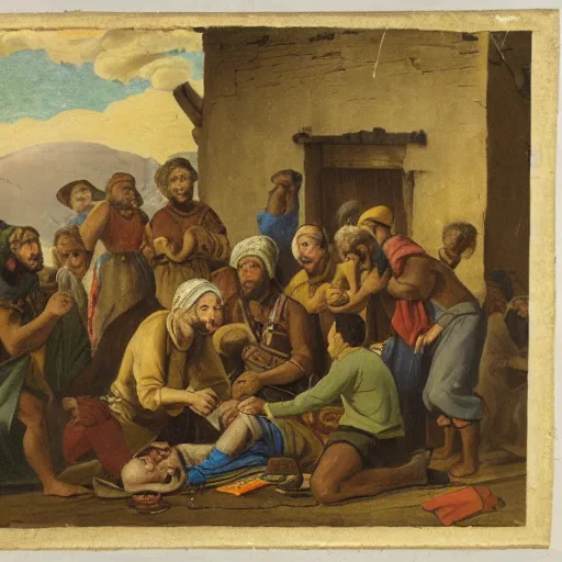 Prompt: villagers gather round as a man with an injured leg is treated on the table of a tavern