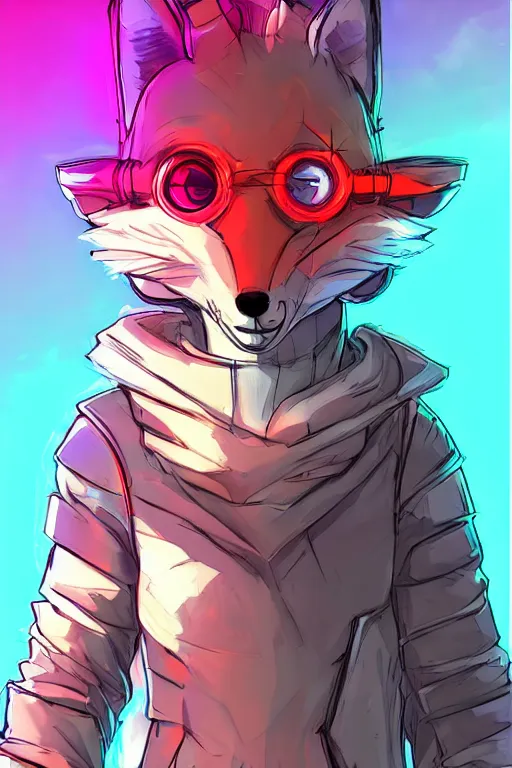 Image similar to a cyberpunk anthropomorphic fox with a fluffy tail, comic art, trending on furaffinity, cartoon, kawaii, backlighting, furry art!!!, neon, concept art