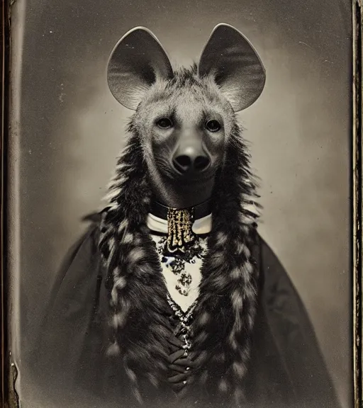 Image similar to professional studio photo portrait of anthro anthropomorphic spotted hyena head animal person fursona wearing elaborate pompous royal robes clothes by Louis Daguerre daguerreotype tintype