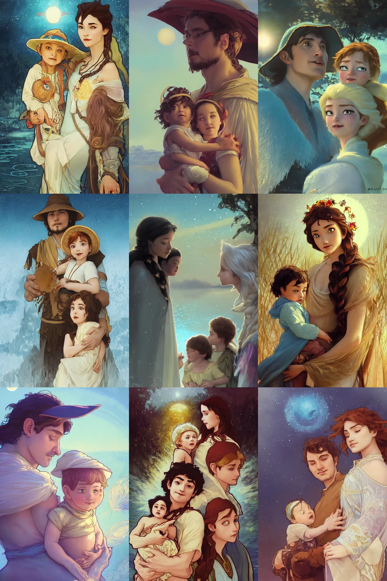 Prompt: a cinematic portrait of a beautiful family photograph close up moment of a young sun god and moon goddess magician family with child, portrait, wearing sunhat and lake, Frozen Klaus film, digital painting, artstation, concept art, illustration, Frozen II art masterpiece by art by Krenz Cushart, Artem Demura, alphonse mucha, yoji shinkawa, ArtGerm, Jon Lothian, Danilo Torres, Adi Meyers, Thomas Reimann, Gaston Bussiere