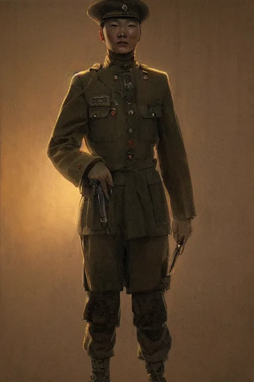 Prompt: korean soldier, standing in an office hallway, dramatic backlighting, autochrome, high contrast, highly detailed, sharp focus, digital painting, concept art, illustration, trending on artstation, art by greg rutkowski and greg hildebrandt, composition by alphonse mucha