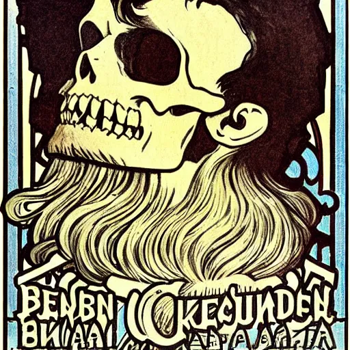 Image similar to bearded skull,poster illustration, art by alphonse mucha