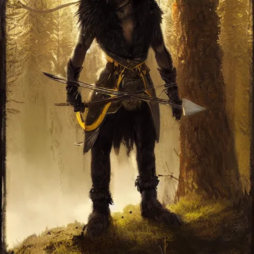 Image similar to furry anthro digital art of an anthropomorphic fluffy black wolf warrior man wearing a yellow cloak standing in the forest holding a sword in his hands Greg Rutkowski masterpiece portrait