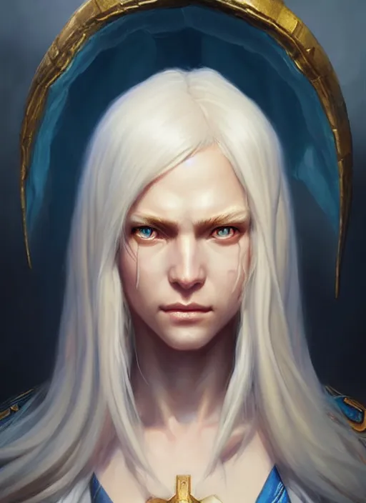 Image similar to a fantasy style portrait painting of shy white female paladin with blonde hair and blue eyes shy, scar under left eye, holy oil painting unreal 5 daz. rpg portrait extremely detailed artgerm greg rutkowski _ greg