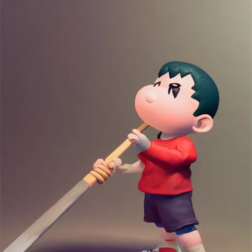 Image similar to ness from earthbound striking a giant chocolate cookie with a baseball bat, smashing it to bits by ruan jia. artstation, volumetric light, detailed, photorealistic, fantasy, rendered in octane