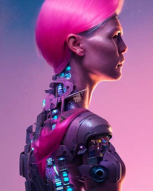 Image similar to portrait of a beautiful woman with pink hair as a cyberpunk cyborg, sci - fi, missing panels, intricate abstract upper body intricate artwork, by tooth wu, wlop, beeple, dan mumford. concept art, octane render, deviantart, greg rutkowski, cinematic, key art, hyperrealism, iridescent accents