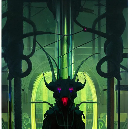 Prompt: menacing aggressive black creature made out of needles, archdemon, in a gas station, aggressive harsh fluorescent industrial green/blue lighting, extremely detailed digital matte painting buy Greg Rutkowski and Alphonse Mucha