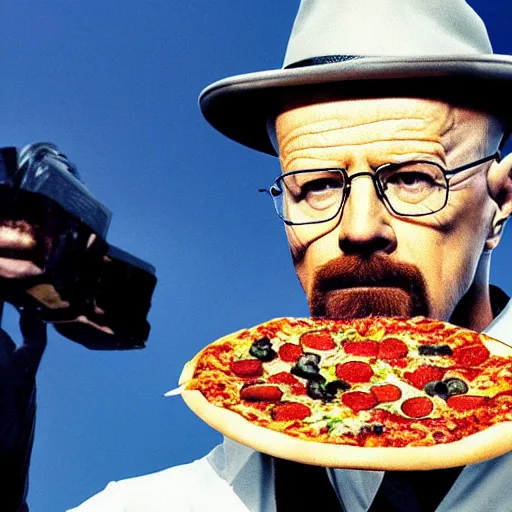 Image similar to low quality photo of heisenberg eating pizza in the sky