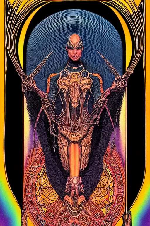 Prompt: portrait of black and psychedelic grainshading tarot card print of the ukrainian spirit of by moebius, wayne barlowe, magic comic cover art, very intricate, thick outline, full body, symmetrical face, long black crown, in a shapes background, galactic dark colors