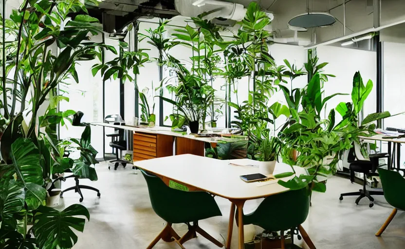 Image similar to jungle themed office space interior, multiple desks, minimalism, green, wood, japanese design, natural materials, beige, cupboards, large windows to a lush green courtyard with trees, retro futurism, swedish design, feng shui