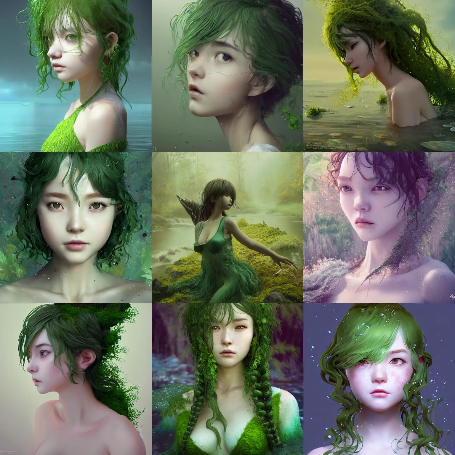 Prompt: realistic style at CGSociety by WLOP, ilya kuvshinov, krenz cushart, Greg Rutkowski, trending on artstation. Zbrush sculpt colored, Octane render in Maya, Houdini VFX. whimsical riverpunk nymph, algae and moss, expressing aloofness, long curly green hair, absent eyes. Oil painting. Cinematic playful atmosphere, sharp focus, soft volumetric studio lighting.