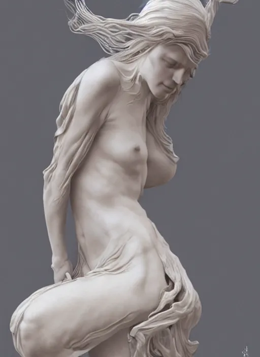 Image similar to marble sculpture of beautiful woman, flowing fabric by ruan jia, greg rutkowski, mucha, zbrush, mandelbulb ivory