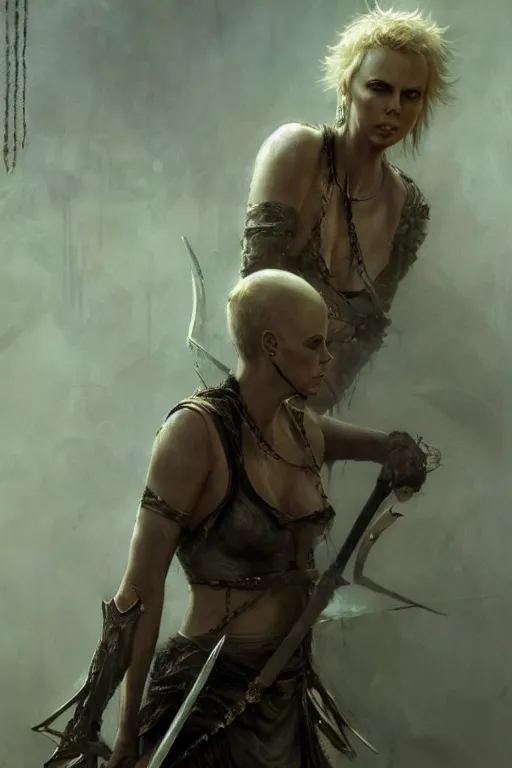 Image similar to charlize theron, warrior, lord of the rings, tattoos, decorated ornaments, by carl spitzweg, ismail inceoglu, vdragan bibin, hans thoma, greg rutkowski, alexandros pyromallis, perfect face, fine details, realistic shadeing