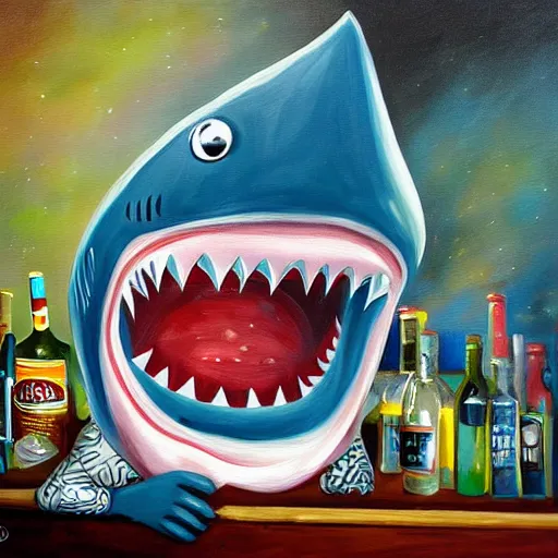 Image similar to Shark bartender, high quality painting