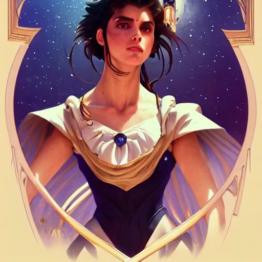 Image similar to Charlotte Casiraghi as Sailor Moon, western, D&D, fantasy, intricate, elegant, highly detailed, digital painting, artstation, concept art, matte, sharp focus, illustration, art by Artgerm and Greg Rutkowski and Alphonse Mucha