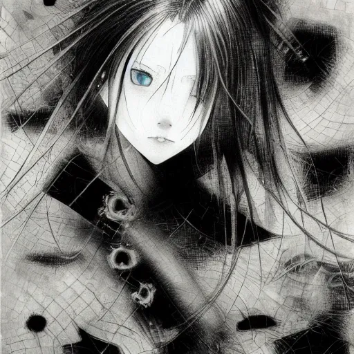 Image similar to Yoshitaka Amano realistic illustration of an anime girl with wavy white hair and cracks on her face wearing white shirt and black tie, abstract black and white patterns on the background, noisy film grain effect, highly detailed, Renaissance oil painting, weird camera angle