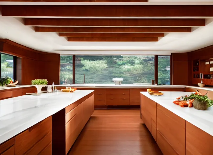 Image similar to a high end luxury kitchen designed by frank lloyd wright, interior design magazine photography