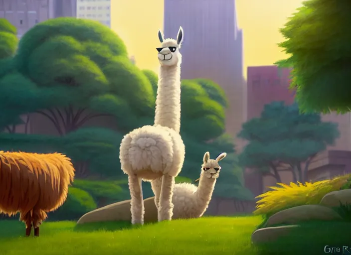 Prompt: a wholesome animation key shot of a llama, wearing a fez, new york zoo in the background, studio ghibli, pixar and disney animation, sharp, rendered in unreal engine 5, anime key art by greg rutkowski, bloom, dramatic lighting