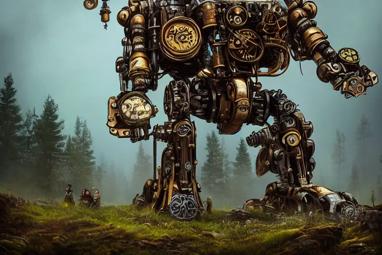 Prompt: steampunk colossal mech battlerobot standing a swedish forest, very low angle photograph, trending on artstation, cgstation, intricate, very detailed