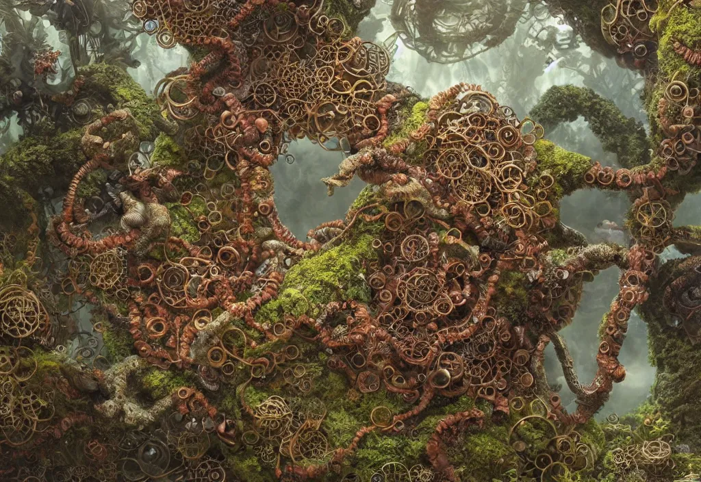 Image similar to illustration and highly detailed render of a strange moss fungus and coral creature, tendrils, steampunk, biological machinery, microbiological environment, ultra realistic, concept art, intricate details, cheerful, highly detailed, photorealistic, octane render, 8 k, unreal engine. art by hr guger and artgerm and greg rutkowski and alphonse mucha