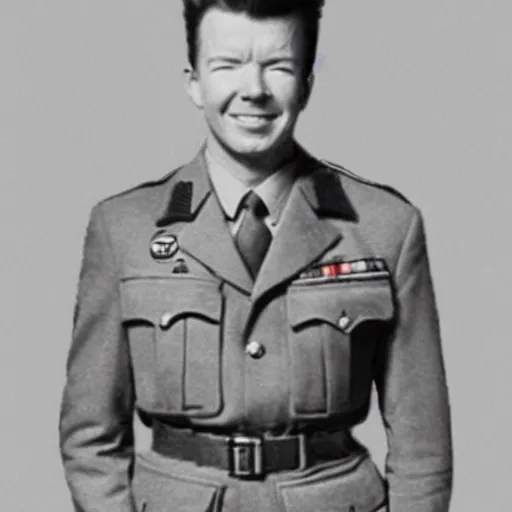 Image similar to Rick Astley as a soldier during WW2, grainy monocolour photo