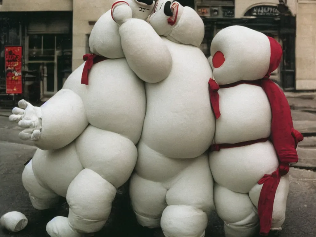 Image similar to 3 5 mm kodachrome colour photography of michelin man and stay - puft marshmallow man kissing each other, in love, taken by harry gruyaert