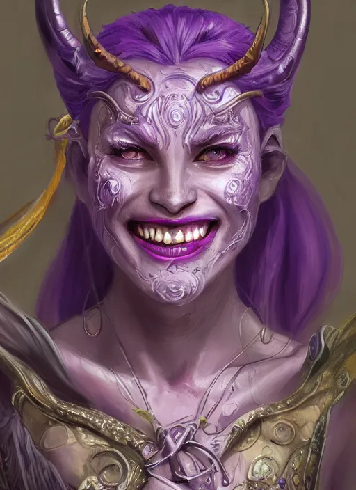 Image similar to purple skin, Tiefling , smiling, beautiful detailed eyes, cute, fantasy, intricate, elegant, highly detailed, digital painting, 4k, HDR, concept art, detailed jewelry, smooth, sharp focus, illustration, by Wayne Reynolds