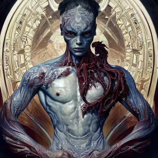 Prompt: whirling ornate intricate portrait of a male bloodied filigreed alien, muscles, rippling, warping, ultra realistic, concept art, intricate details, eerie, highly detailed, photorealistic, octane render, 8 k, unreal engine. art by artgerm and greg rutkowski and alphonse mucha