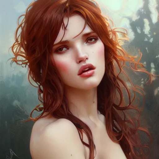 Image similar to ultra realistic illustration, bella thorne, pouting, intricate, elegant, highly detailed, digital painting, artstation, concept art, smooth, sharp focus, illustration, art by artgerm and greg rutkowski and alphonse mucha