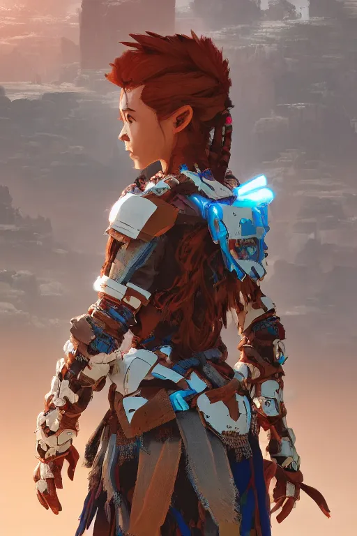 Image similar to combination suit armor aloy horizon forbidden west horizon zero dawn robot ninja mask helmet backpack tribal, aesthetic octane render, 8 k hd resolution, by ilya kuvshinov and cushart krentz and gilleard james radiating a glowing aura cgi rtx 2 0 2 2