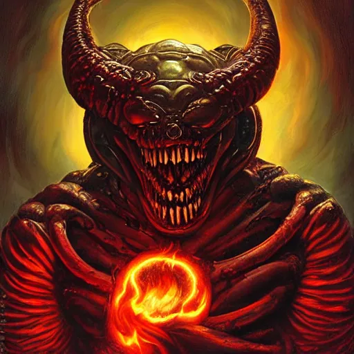 Image similar to doom giger venom demon portrait in hell, fire and flame , Pixar style, by Tristan Eaton Stanley Artgerm and Tom Bagshaw.